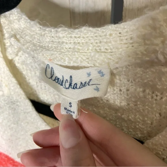 Cloud Chaser Color Block Cream and Pink Acrylic Knit V Neck Sweater - Picture 10 of 11